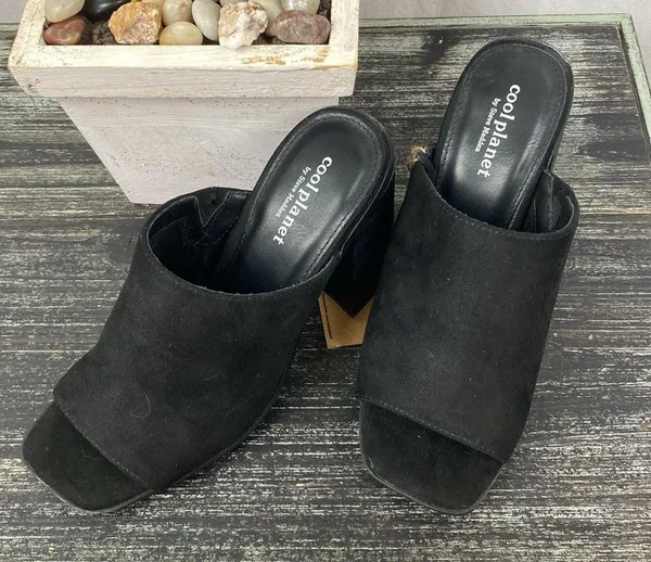 Steve Madden Cool Planet Black Leather Block Heel Open Toe Shoes 8 NEW - Image 2