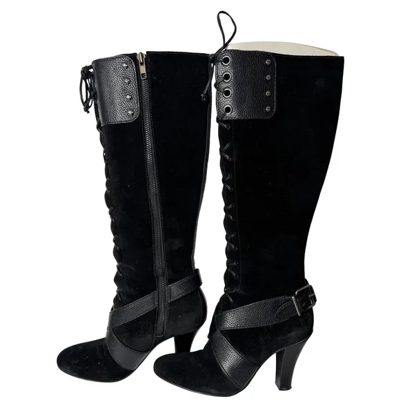 Cole Haan Vtg Y2K Black‎ Suede Faux Leather Strap Zip Tall Boot Heel Womens 6 - Image 2