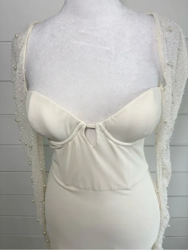 Oh Polly Ivory Pearl Beaded Sleeve Maxi Dress High Slit Formal Gown Size 4 - Image 11