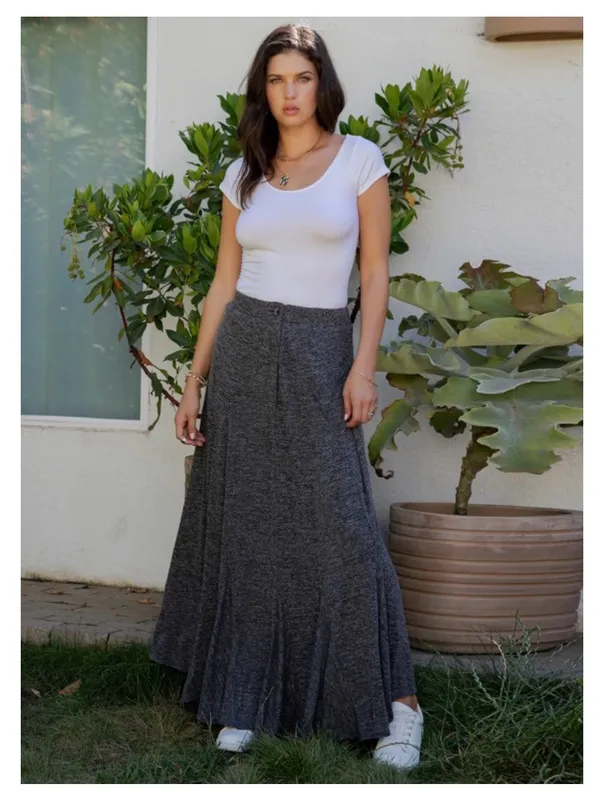 Young Threads Graphite Heathered Knit Bias Cut Godet Maxi Skirt Boho NWT Size S - Image 2