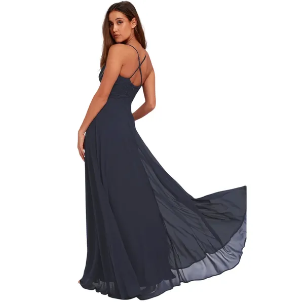 NWT LULU’s Women’s Navy Blue Chiffon Lace Maxi Full Length Dress Gown - Image 2