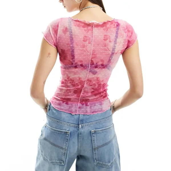 Free‎ People Intimately Free Floral Mesh Baby T Shirt In Rosy Pink XS-S - Image 2