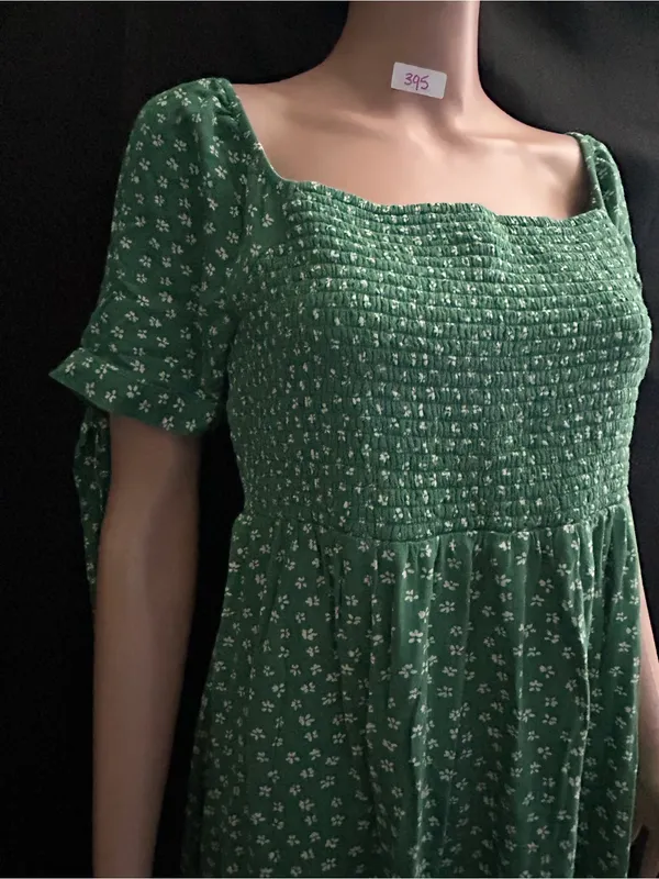 American Eagle Green & White Floral Smocked Square-Neck Mini Dress MD - Image 5