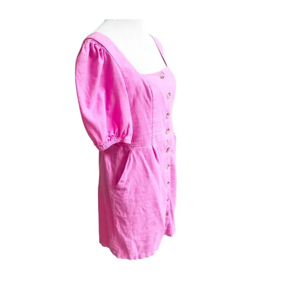 Old Navy Mini Dress Women M Pink Linen Blend Puff Sleeve Button Front Barbiecore - Image 4