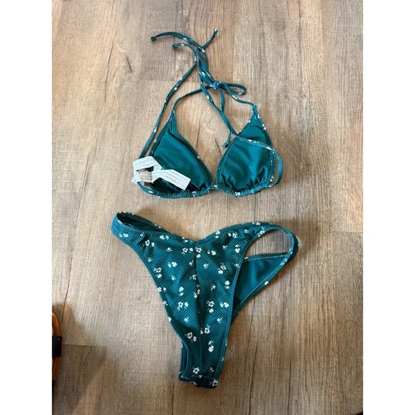 Hollister Swim Teal Floral Ribbed Triangle Bikini Set High Cut V Front Small - Image 3