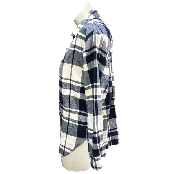 LOFT Women's Plaid Flannel Tunic Shirt Navy Blue & White Size M - Image 4
