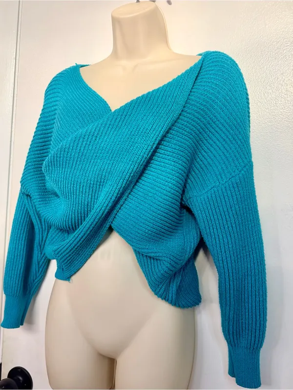 SHEIN Teal Wrap Sweater XS Ribbed Knit Crossover Cropped Long Sleeve US 2 - Image 3