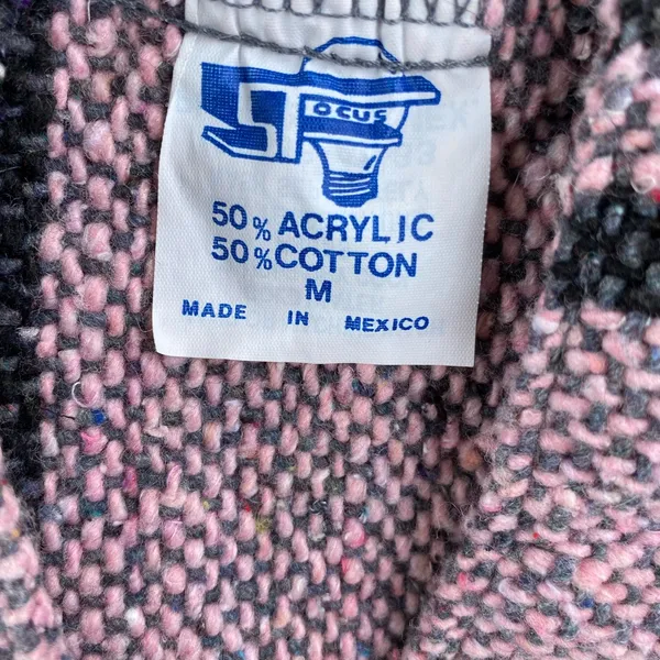 Vintage 5Focus Cotton Blend Pink & Gray Short‎ Sleeve Mexican Baja Poncho - Image 3