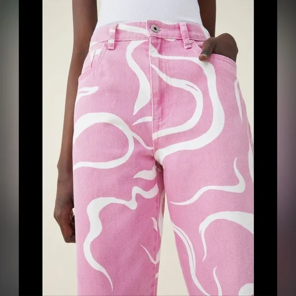 Cotton On Pink and White Swirly Loose Straight Jeans 4 - Image 3