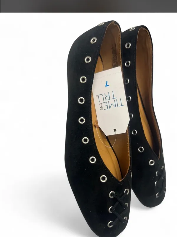 Time and‎ Tru Black Eyelet Lace-Up Ballet Flats with Grommet Detail - Image 2