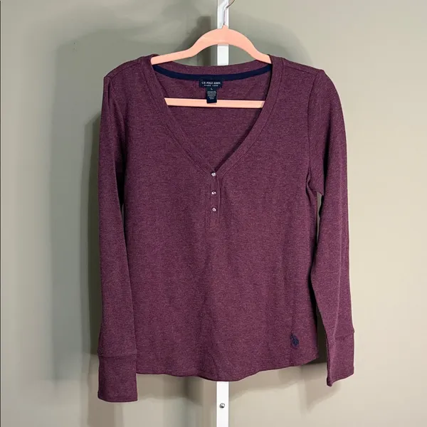 U.S. Polo Assn Burgundy Waffle Knit Thermal Henley Top Size‎ L 90’s - Image 2