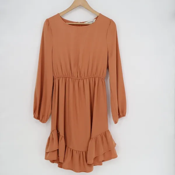 Davi&Dani Mini Dress Womens L Orange Pleated Ruffle Hem Long Sleeve Round Neck - Image 2