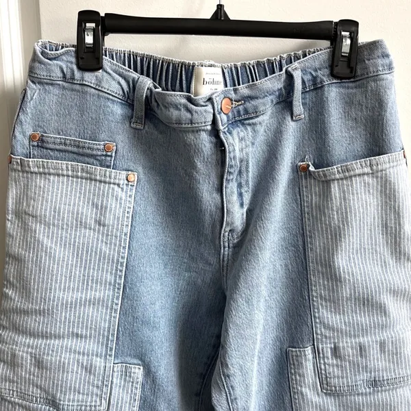 Bohme Wide Leg Jeans Womens‎ 30 Light Wash Pinstripe Patch Utility FL2112HR-BH - Image 3