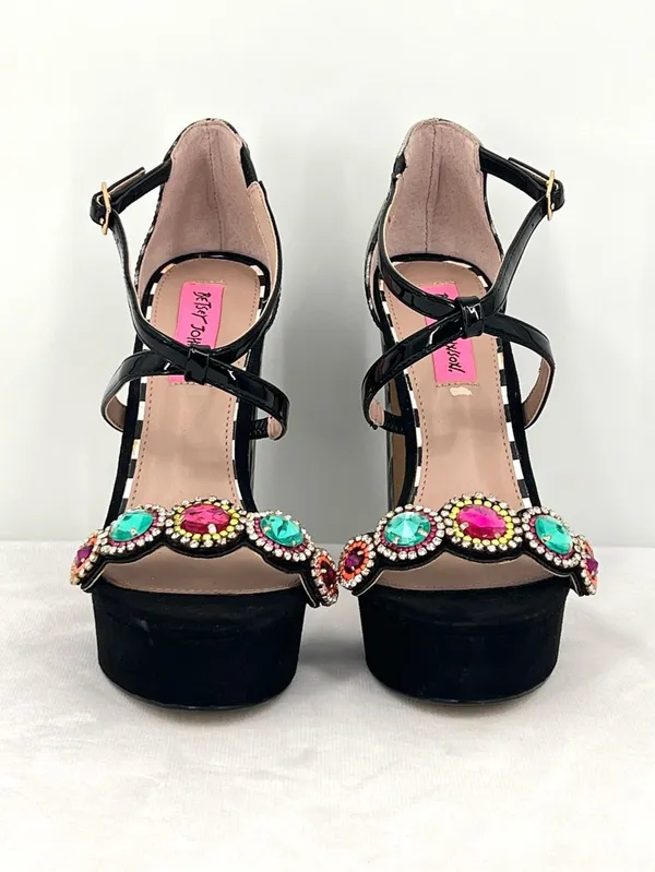 Betsey Johnson Sainte Black Silver Leopard Rhinestone Platform 5” High Heels 7.5 - Image 2