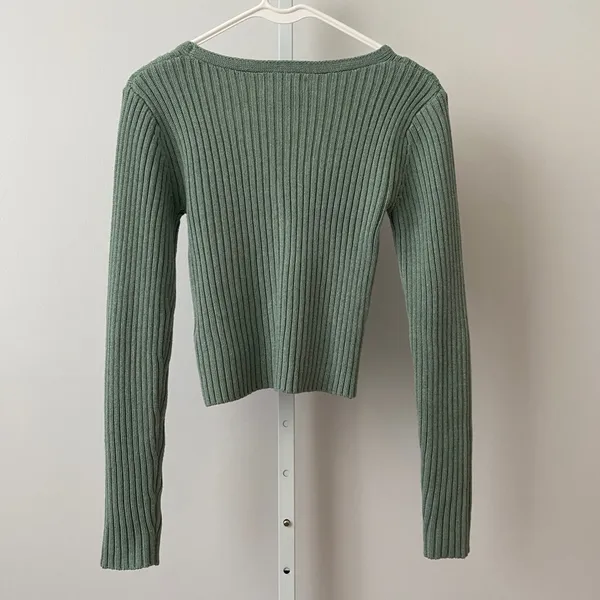 Happily Grey Cotton Clean Office Siren Academia Ribbed V-Neck Cardigan XS Green - Image 6