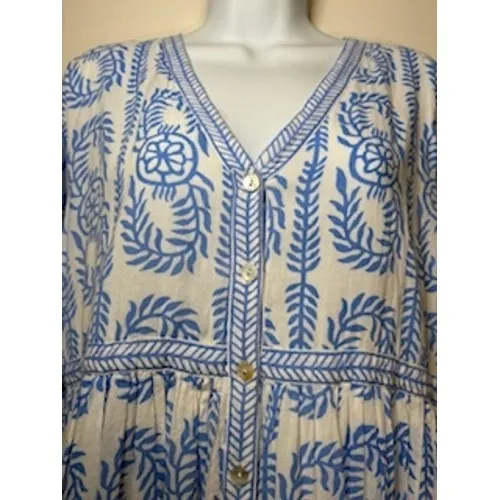 Vintage Ibiza Maxi Dress Blue White Block Print Tiered Resort Vacation Cotton M - Image 2