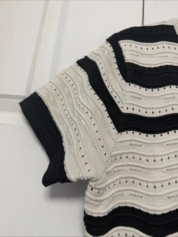 Striped V‑Neck Knit Mini Dress in Cream and Black - Image 8