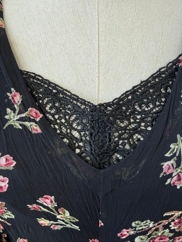 Vintage 90s Starina Feminine Witchy Boho Black Floral Maxi Dress M - Image 8