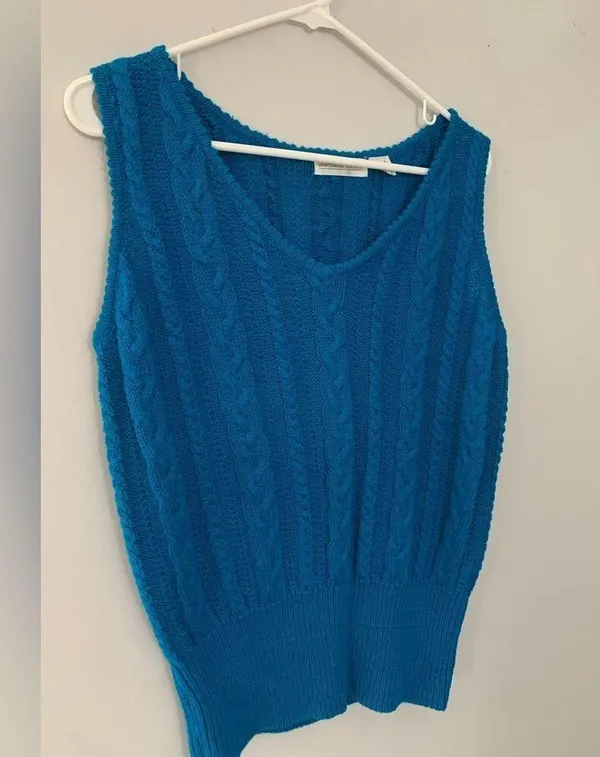 VTG Knit V-neck Sweater Tank Top Hippie Boho Sleeveless Top Blue Size S - Image 2