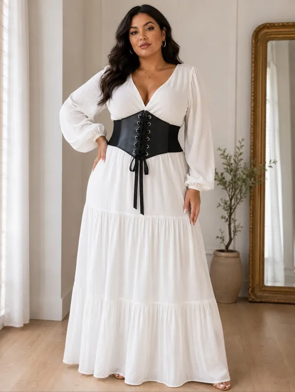 Plus Size Black Vintage‎ Style Lace Up Faux Leather Elastic Back Closure Waist - Image 2