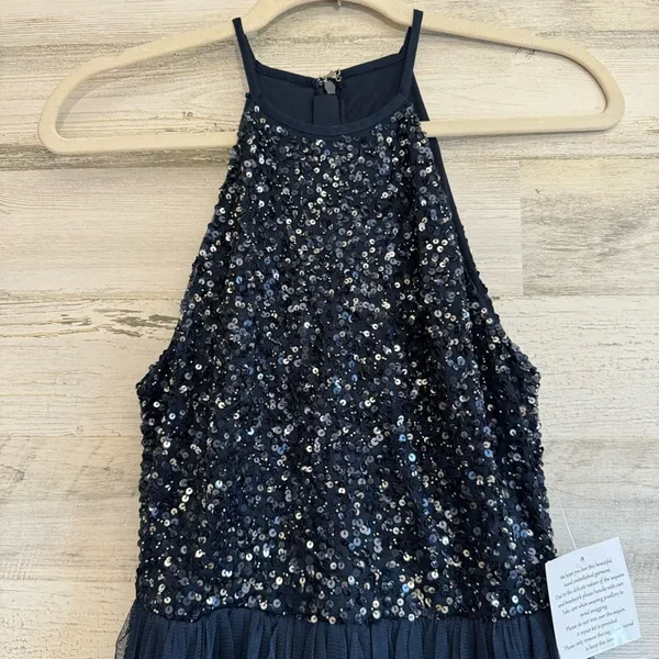 Maya Deluxe Halter Dark‎ Blue Sequin Top Tulip Skirt Midi Sleeveless Prom Dress - Image 4