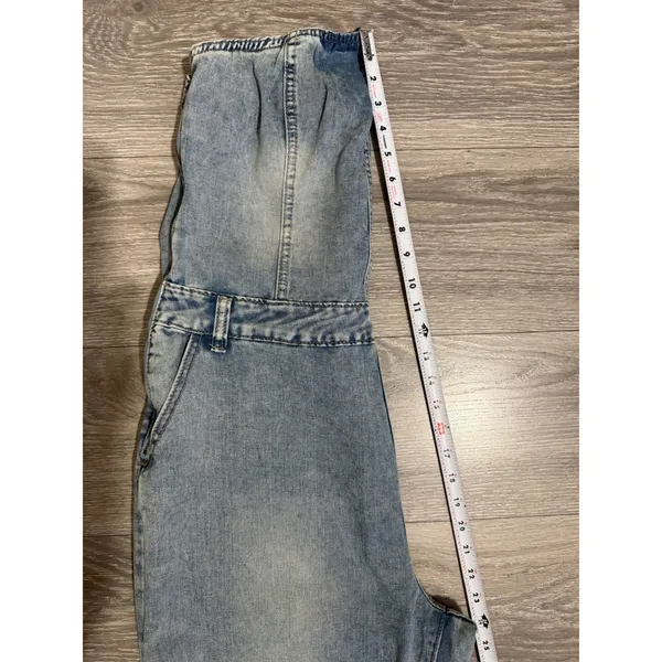 Strapless Wide Leg Denim Jumpsuit Size L‎ Light Wash Blue Seam Detail Y2K Romper - Image 7