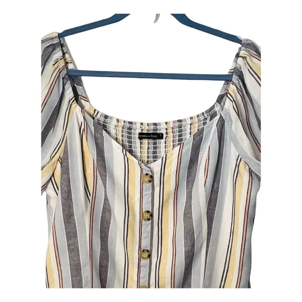 AF Abercrombie Fitch Top Womens Size XL Blue Yellow Linen Blend Short Sleeve - Image 5