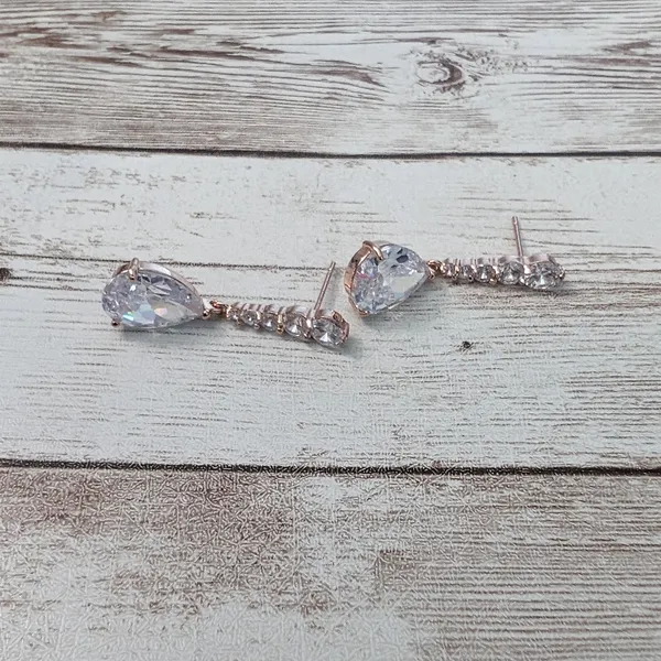 Dangle Earrings For Pierced Ears - Rose Gold Tone & Clear Gems - Image 2