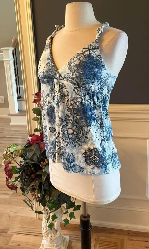 Self Esteem Tank Blue White Print Peplum Shirt Cotton Blend Medium - Image 7