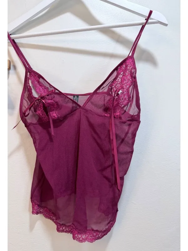 Victorias Secret Sexy Little Things Sheer Mesh Lace Cami Magenta VTG L - Image 6