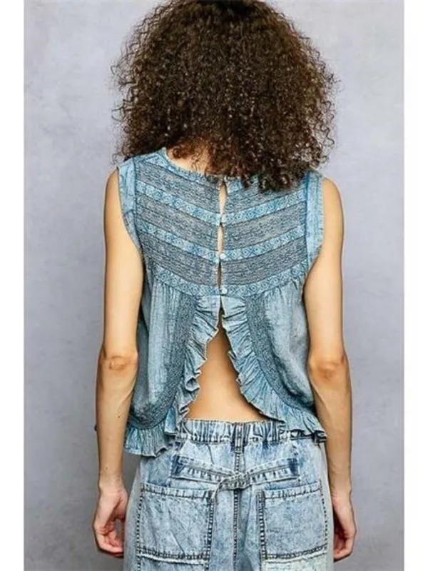 POL Button Closure on Back Ruffled Sleeveless Cotton Blouse with Trim Detail‎ - Image 2