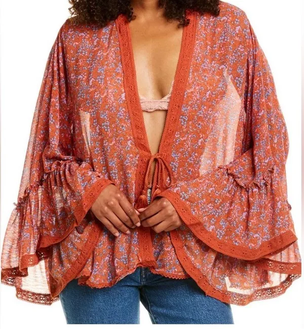 Free People Lola Floral Kimono In True Red size medium - Image 2
