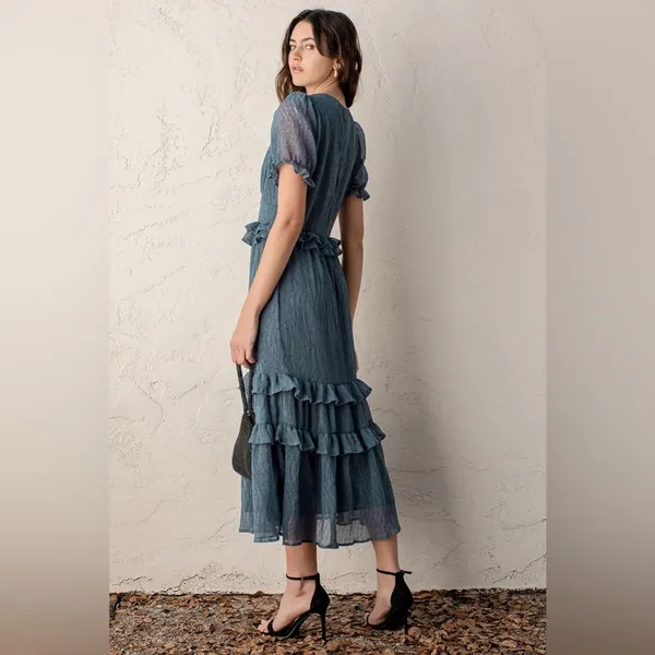 NWT Lulus Know Your Heart Midi Dress Medium Dusty Blue Polka Dot Ruffled - Image 13