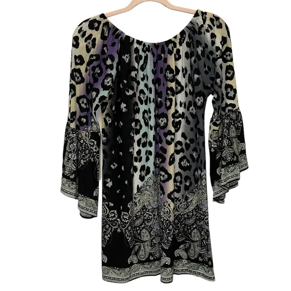 Leopard & Paisley Bell‎ Sleeve Small Boho Mixed Print Tunic or Mini Dress - Image 3