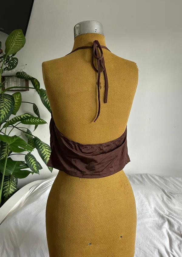 Brown cowl neck self tie open back tank top Size XL - Image 3