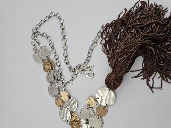 Chico's Mixed Metal Hammered Coin Tassel Statement Necklace - Image 4