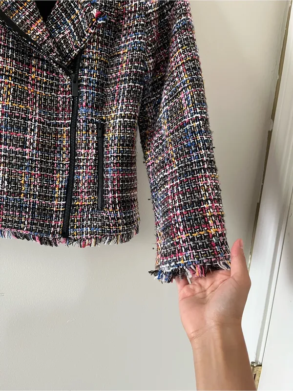 Halogen Black Multicolor Tweed Moto Blazer Jacket Small Petite Fringe Preppy - Image 4