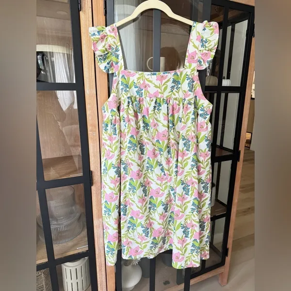 Tuckernuck Linen floral block print babydoll mini dress ruffle pyjama square neck flutter - Image 2