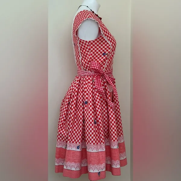Red White Retro Gingham Checkered Lace Sleeveless Wing Hand Made Dress Sz S - Image 9