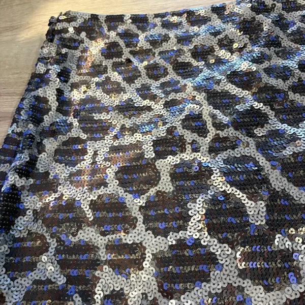 Express Womens Leopard Sequin‎ Mini Skirt Silver Blue Black Animal Print Large - Image 5