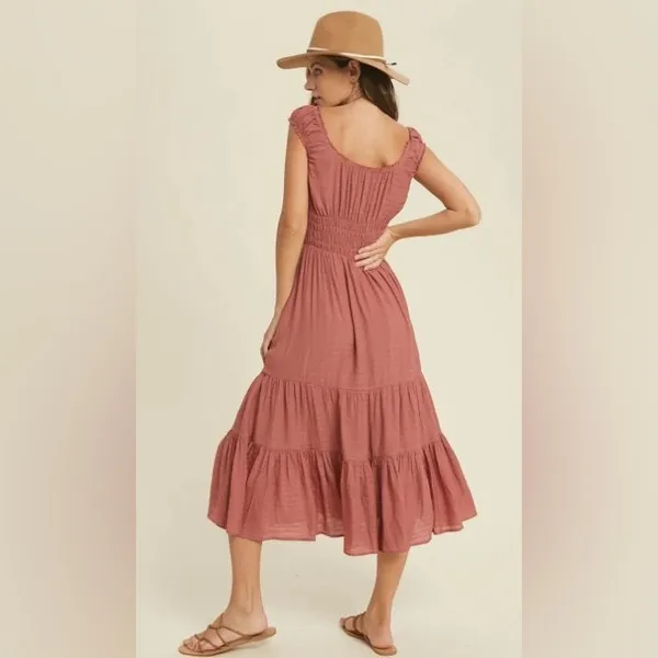 Mauve Smocked Tiered Midi Dress - Boho Romantic Ruffle Cap Sleeve Dream Medium - Image 3