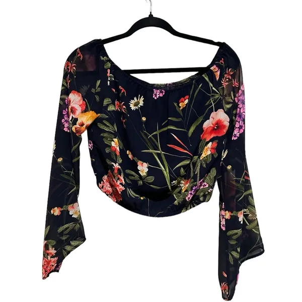 Astr The Label Off Shoulder Flounce Bell Sleeve Floral Black Boho Cropped Top Xs - Image 3