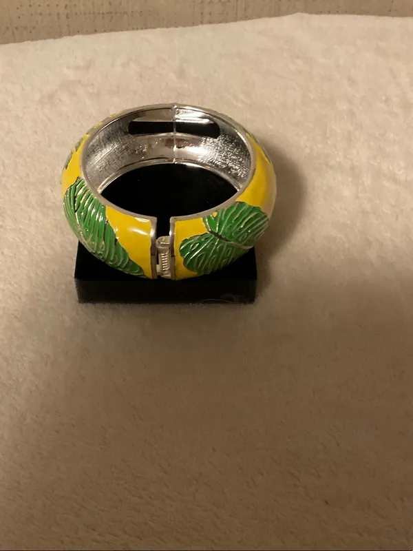 Tropical Yellow and Green Leaf Enamel Bangle Bracelet - Image 2