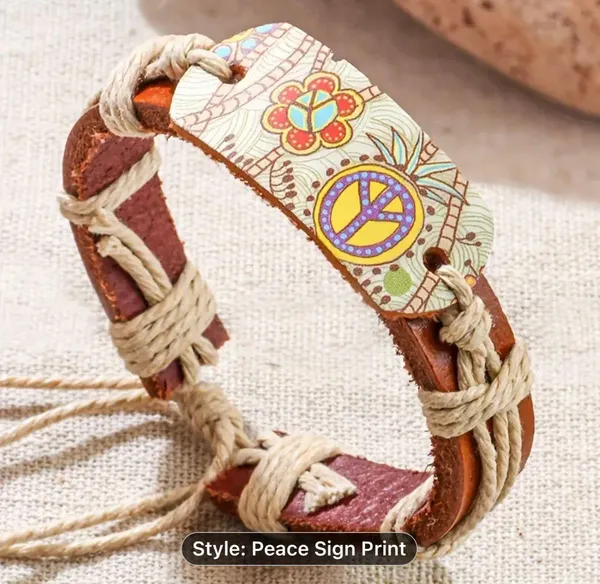 Vibrant Chic Peace Symbol Bohemian Leather Cuff Bracelet - Print - Image 2