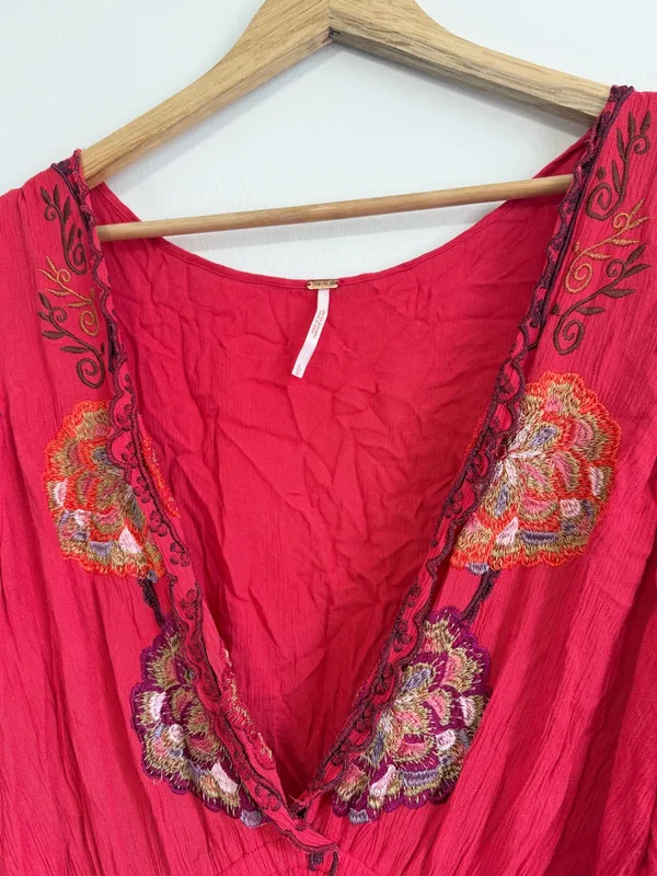 Free People Cora Embroidered Mini Dress Size Large Red Floral Boho Beach - Image 5