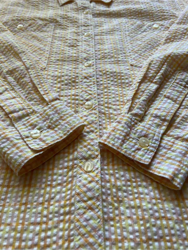 Seersucker Plaid Shirt M Lightweight Yellow Peach Oversized Japanese Button Down - Image 8