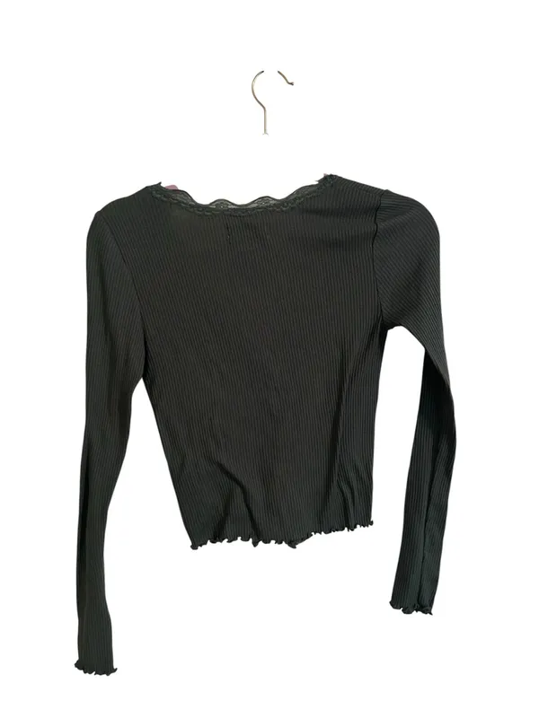 Urban Outfitters Olive Ribbed Lace-Trim Tie-Front Long Sleeve Top - Image 2