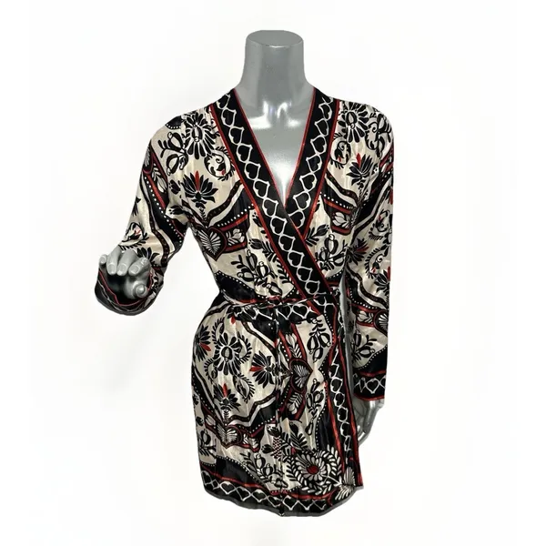 FARM RIO Passion Scarf Wrap Mini Dress Women's Size XS Black Printed - Image 12