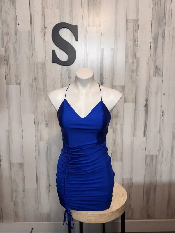 B. Darlin Royal Blue Ruched Side Drawstring Mini Dress Womens Size Small Open Ba - Image 4