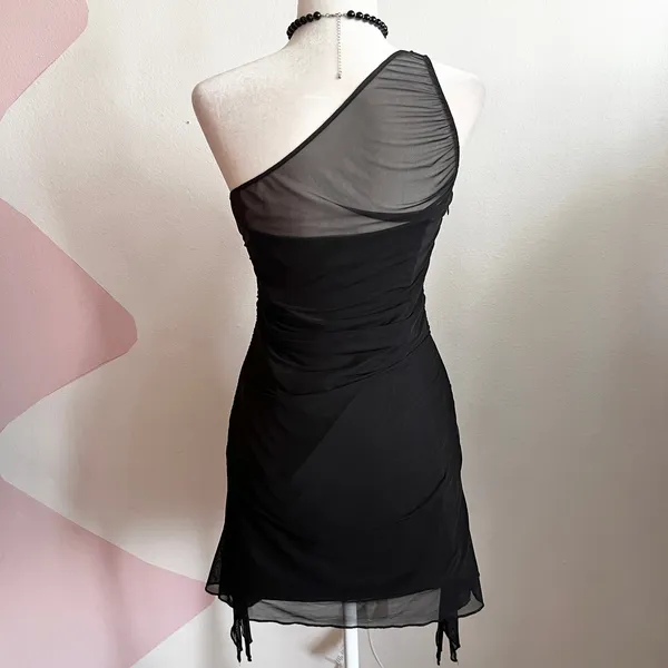 Oh Polly Black Mesh Asymmetrical Mini Dress Y2K 2000s‎ Indie Sleaze Grunge Small - Image 3